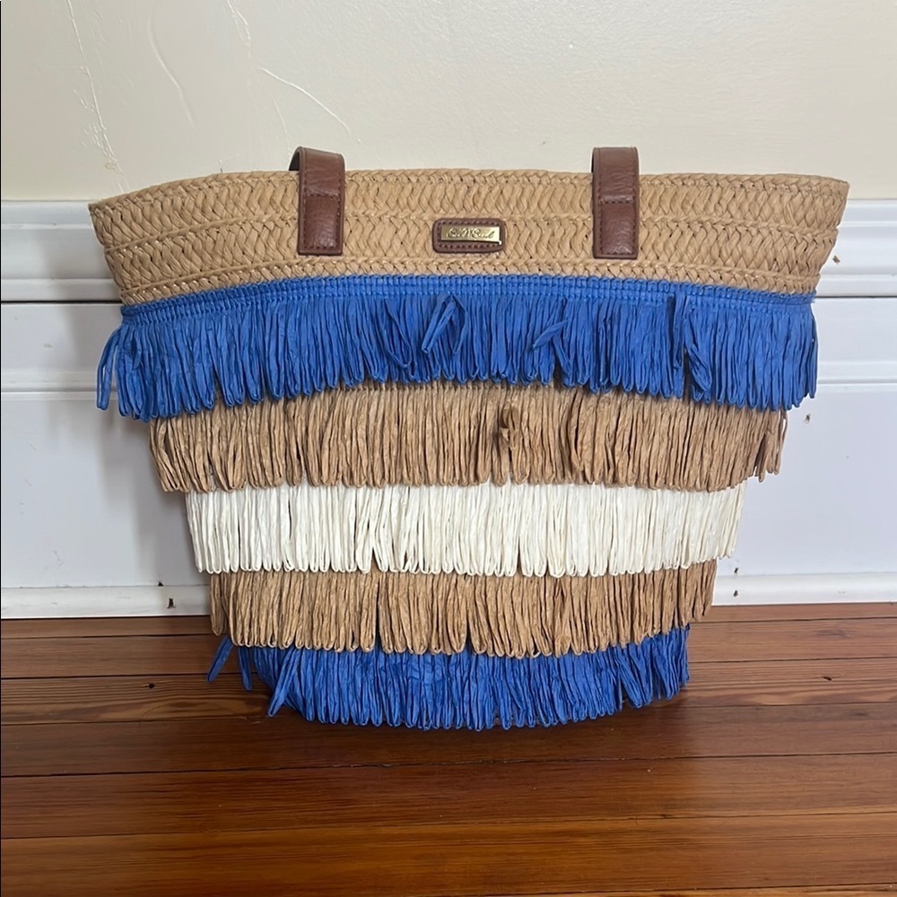 Sun'N'Sand Blue and Tan Woven Raffia Fringe Summer Tote Faux Leather Handle
